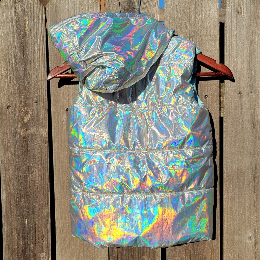 Disney Frozen silver metallic iridescent hooded puffer full zip vest SIZE 6 - Picture 4 of 8